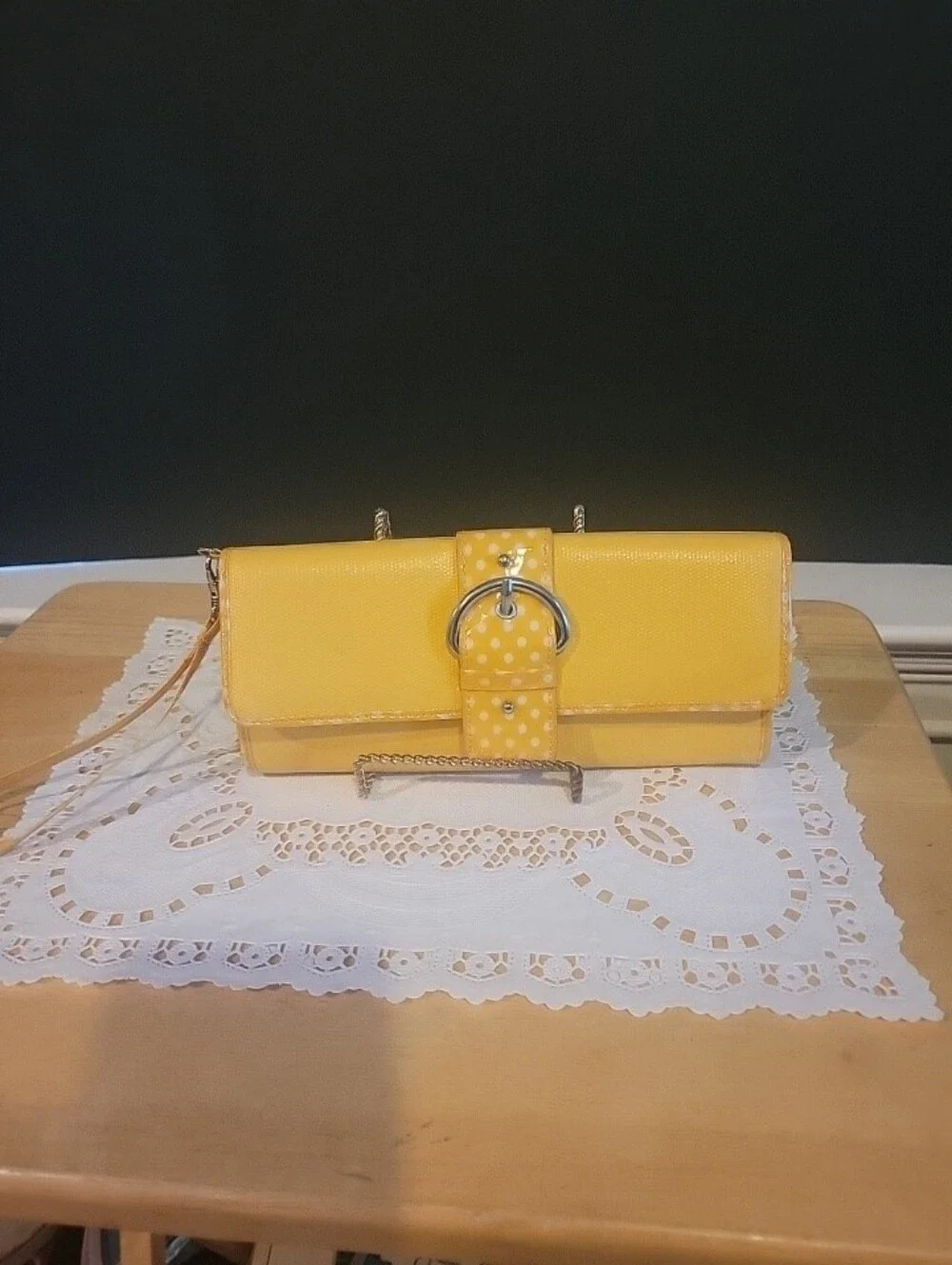 Woman's Mustard Yellow Clutch Alex's Lemonade Polka Dot Band